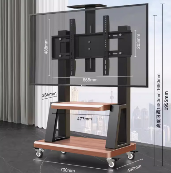 （32-75寸英寸通用，承重400斤，加双置物盘，木纹饰面）电视机支架可移动